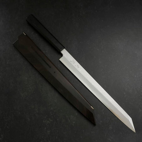 Yanagi Kiritsuke Blue steel #1 Suminagashi Büffelhorn und Ebenholz Griff mit Scheide 300mm-[Musashi]-[Japan-Küchenmesser]