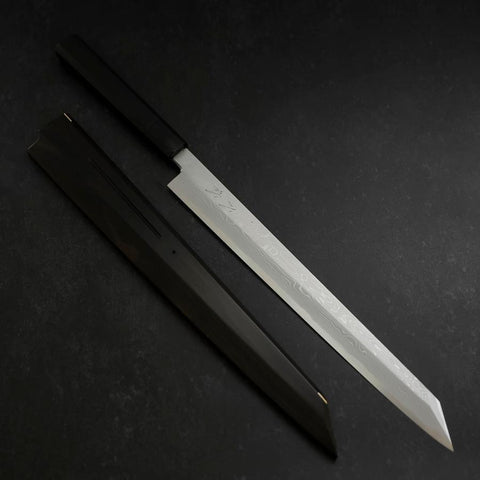 Yanagi Kiritsuke Blue steel #1 Suminagashi Büffelhorn und Ebenholz Griff mit Scheide 330mm-[Musashi]-[Japan-Küchenmesser]