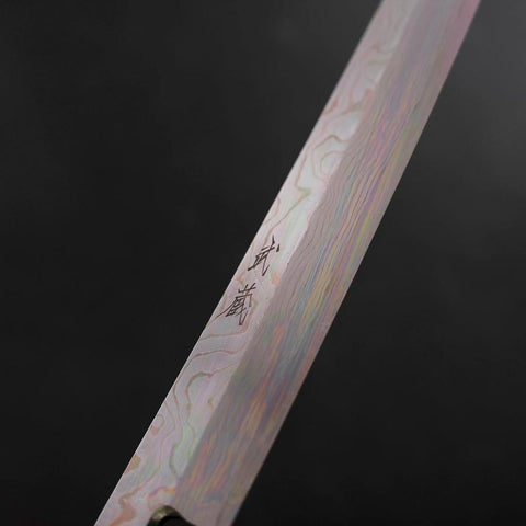 Yanagi Kiritsuke Silver Steel #3 Damast Kagami Büffelhorn und Teakholz Griff 300mm-[Musashi]-[Japan-Küchenmesser]