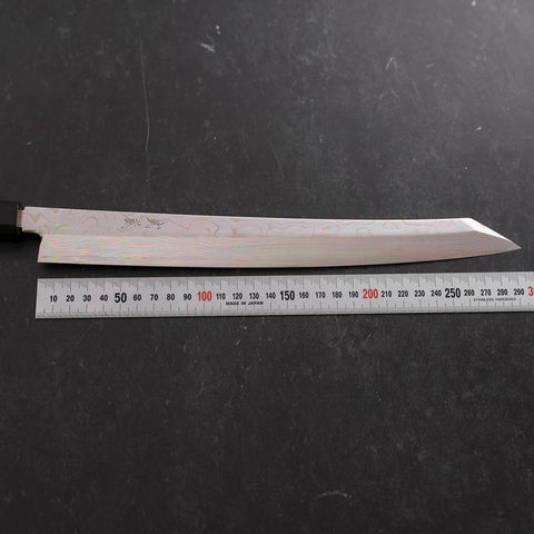 Yanagi Kiritsuke Silver Steel #3 Damast Kagami Büffelhorn und Teakholz Griff 300mm-[Musashi]-[Japan-Küchenmesser]