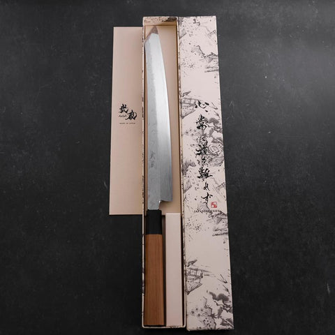 Yanagi Kiritsuke Silver Steel #3 Damast Kagami Büffelhorn und Teakholz Griff 300mm-[Musashi]-[Japan-Küchenmesser]