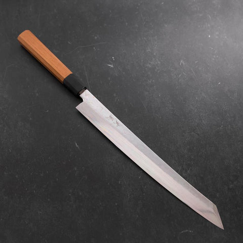 Yanagi Kiritsuke Silver Steel #3 Damast Kagami Büffelhorn und Teakholz Griff 300mm-[Musashi]-[Japan-Küchenmesser]