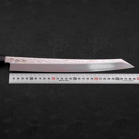 Yanagi Kiritsuke Silver Steel #3 Damast Kagami Büffelhorn und Walnussholz Griff 300mm-[Musashi]-[Japan-Küchenmesser]