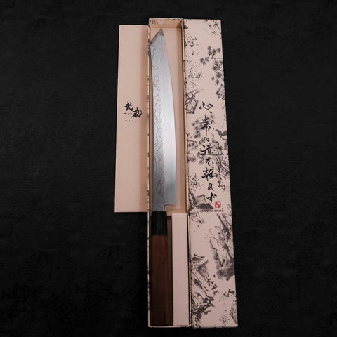 Yanagi Kiritsuke Silver Steel #3 Damast Kagami Büffelhorn und Walnussholz Griff 300mm-[Musashi]-[Japan-Küchenmesser]