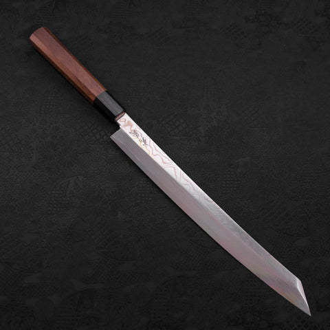 Yanagi Kiritsuke Silver Steel #3 Damast Kagami Büffelhorn und Walnussholz Griff 300mm-[Musashi]-[Japan-Küchenmesser]