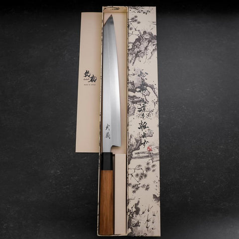 Yanagi Kiritsuke Silver Steel #3 Kasumi Büffelhorn und Teakholz Griff 300mm-[Musashi]-[Japan-Küchenmesser]