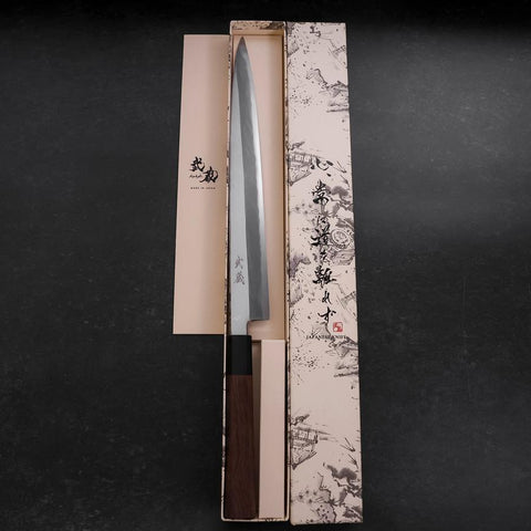 Yanagiba Blue Steel #1 Hon-Kasumi Büffelhorn und Walnuss Griff 300mm-[Musashi]-[Japan-Küchenmesser]