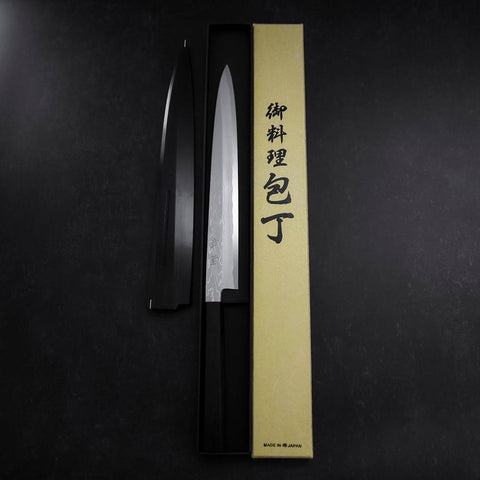 Yanagiba Blue Steel #1 Suminagashi Buffalo Ebony Handle With Sheath 270mm (10.6”)-[Musashi]-[Japan-Küchenmesser]