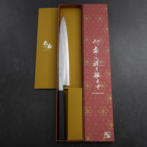 Yanagiba Blue Steel #2 Damast Büffelhorn und Ebenholz Griff 210mm-[Musashi]-[Japan-Küchenmesser]