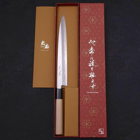 Yanagiba Blue Steel #2 Kasumi Büffelhorn und Magnolienholz Griff 240mm-[Musashi]-[Japan-Küchenmesser]