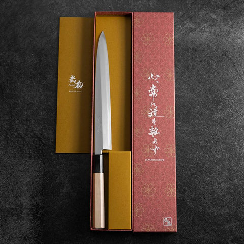 Yanagiba Blue Steel #2 Kasumi Buffalo Magnolia Handle 240mm (9.4”)-[Musashi]-[Japanese-Kitchen-Knives]