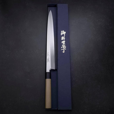 Yanagiba Blue Steel #2 Kasumi Büffelhorn und Magnolienholz Griff 330mm-[Musashi]-[Japan-Küchenmesser]