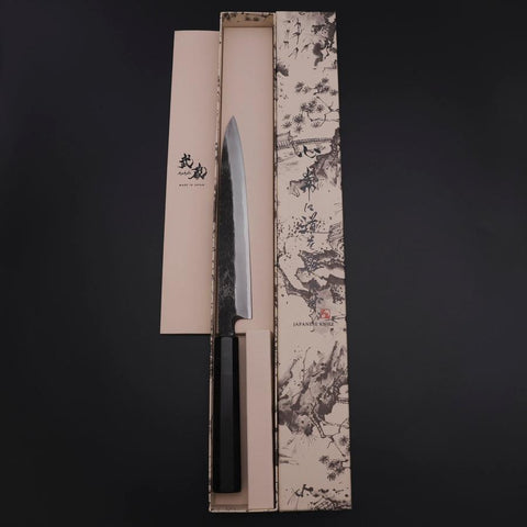 Yanagiba Blue Steel #2 Kurouchi Büffelhorn und Ebenholz Griff 200mm-[Musashi]-[Japan-Küchenmesser]