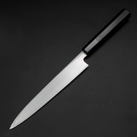 Yanagiba Blue Steel #2 Kurouchi Büffelhorn und Ebenholz Griff 210mm-[Musashi]-[Japan-Küchenmesser]