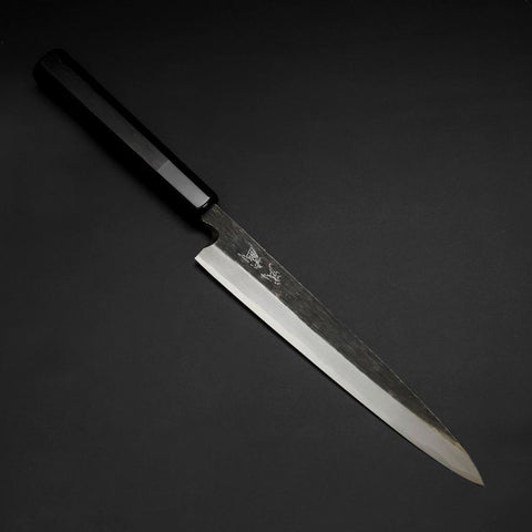 Yanagiba Blue Steel #2 Kurouchi Büffelhorn und Ebenholz Griff 210mm-[Musashi]-[Japan-Küchenmesser]