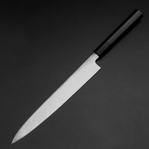 Yanagiba Blue Steel #2 Kurouchi Büffelhorn und Ebenholz Griff 240mm-[Musashi]-[Japan-Küchenmesser]