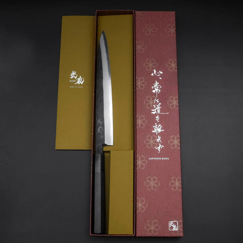 Yanagiba Blue Steel #2 Kurouchi Büffelhorn und Ebenholz Griff 240mm-[Musashi]-[Japan-Küchenmesser]
