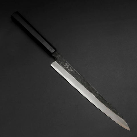 Yanagiba Blue Steel #2 Kurouchi Büffelhorn und Ebenholz Griff 240mm-[Musashi]-[Japan-Küchenmesser]