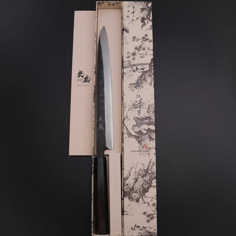 Yanagiba Blue Steel #2 Kurouchi Büffelhorn und Ebenholz Griff 260mm-[Musashi]-[Japan-Küchenmesser]