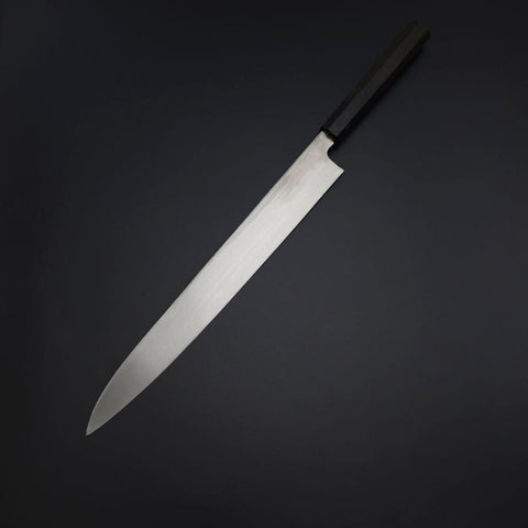 Yanagiba Blue Steel #2 Kurouchi Büffelhorn und Ebenholz Griff 300mm-[Musashi]-[Japan-Küchenmesser]