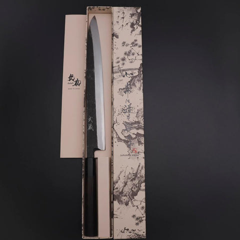 Yanagiba Blue Steel #2 Kurouchi Büffelhorn und Ebenholz Griff 300mm-[Musashi]-[Japan-Küchenmesser]
