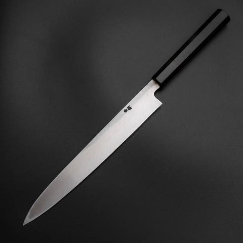 Yanagiba Blue Steel #2 Kurouchi Tsuchime Büffelhorn und Ebenholz Griff 230mm-[Musashi]-[Japan-Küchenmesser]