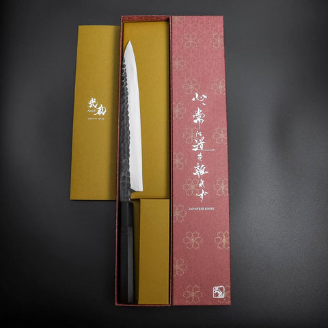 Yanagiba Blue Steel #2 Kurouchi Tsuchime Büffelhorn und Ebenholz Griff 230mm-[Musashi]-[Japan-Küchenmesser]