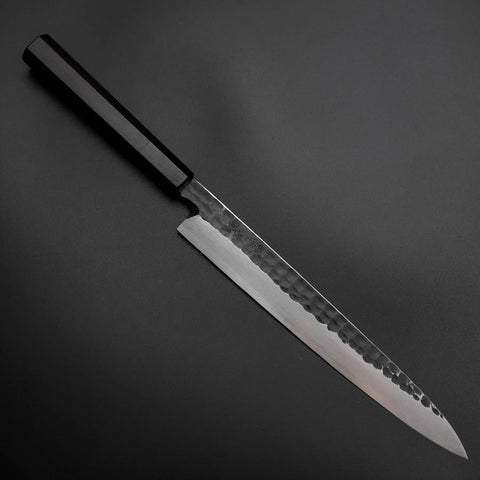 Yanagiba Blue Steel #2 Kurouchi Tsuchime Büffelhorn und Ebenholz Griff 230mm-[Musashi]-[Japan-Küchenmesser]