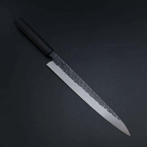 Yanagiba Blue Steel #2 Kurouchi Tsuchime Büffelhorn und Ebenholz Griff 260mm-[Musashi]-[Japan-Küchenmesser]