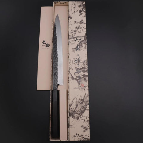 Yanagiba Blue Steel #2 Kurouchi Tsuchime Büffelhorn und Ebenholz Griff 270mm-[Musashi]-[Japan-Küchenmesser]