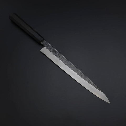 Yanagiba Blue Steel #2 Kurouchi Tsuchime Büffelhorn und Ebenholz Griff 270mm-[Musashi]-[Japan-Küchenmesser]