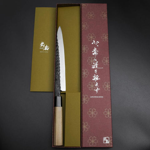 Yanagiba Blue Steel #2 Kurouchi Tsuchime Kirschholz Griff 200mm-[Musashi]-[Japan-Küchenmesser]