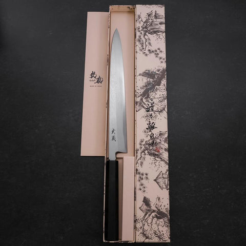 Yanagiba Blue Steel #2 Suminagashi Büffelhorn und Ebenholz Griff 270mm-[Musashi]-[Japan-Küchenmesser]