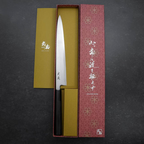 Yanagiba Blue Steel #2, Suminagashi Büffelhorn und Ebenholz Griff, 240mm-[Musashi]-[Japan-Küchenmesser]