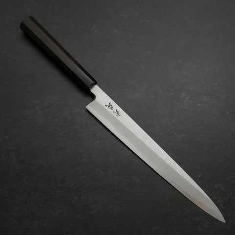 Yanagiba Blue Steel #2, Suminagashi Büffelhorn und Ebenholz Griff, 240mm-[Musashi]-[Japan-Küchenmesser]