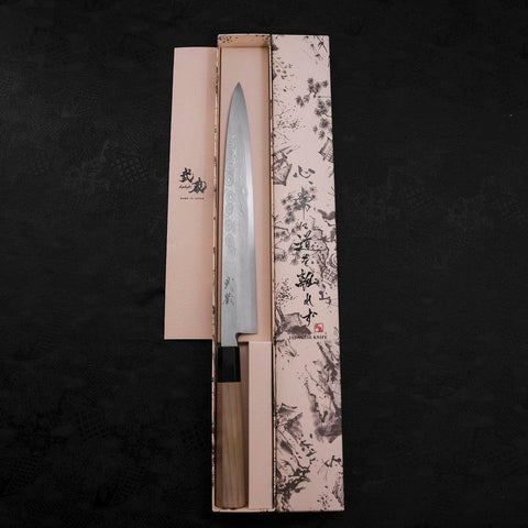 Yanagiba Blue Steel #2 Suminagashi Büffelhorn und Magnolienholz Griff 260mm-[Musashi]-[Japan-Küchenmesser]
