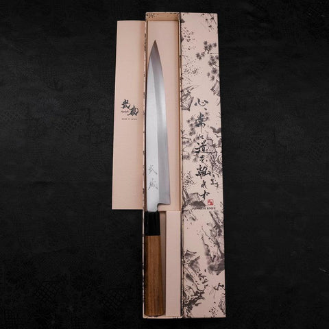 Yanagiba Silver Steel #3 Kasumi Büffelhorn und Teakholz Griff 270mm-[Musashi]-[Japan-Küchenmesser]