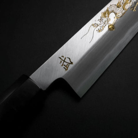 Yanagiba White Steel #2 Kasumi Chokin Drache Büffelhorn und Ebenholz Griff 240mm-[Musashi]-[Japan-Küchenmesser]