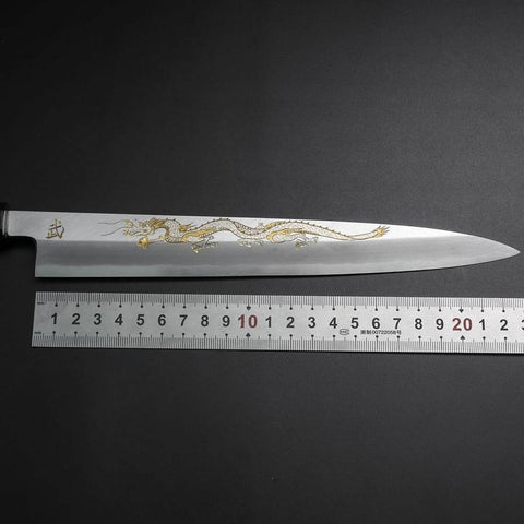 Yanagiba White Steel #2 Kasumi Chokin Drache Büffelhorn und Ebenholz Griff 240mm-[Musashi]-[Japan-Küchenmesser]