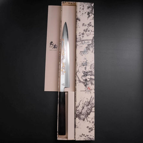 Yanagiba White Steel #2 Kasumi Chokin Drache Büffelhorn und Ebenholz Griff 240mm-[Musashi]-[Japan-Küchenmesser]