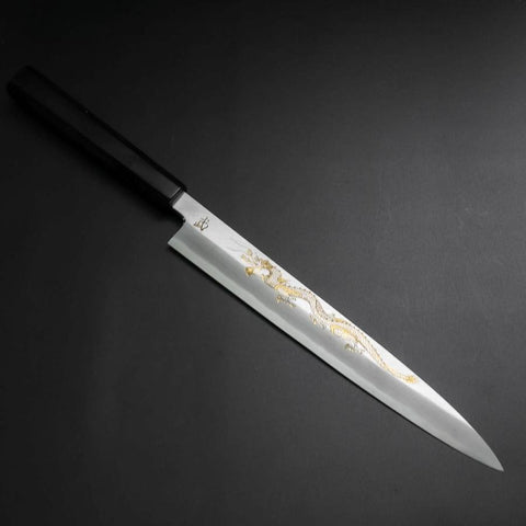 Yanagiba White Steel #2 Kasumi Chokin Drache Büffelhorn und Ebenholz Griff 240mm-[Musashi]-[Japan-Küchenmesser]