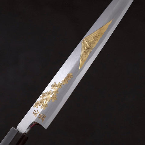 Yanagiba White Steel #2, Kasumi Chokin "Sakura-Fuji" Büffelhorn und Ebenholz Griff, 210mm-[Musashi]-[Japan-Küchenmesser]