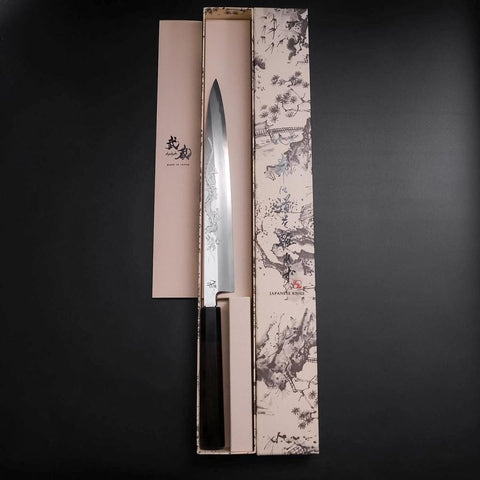 Yanagiba White Steel #2 Kasumi Silber Drache Büffelhorn und Ebenholz Griff 240mm-[Musashi]-[Japan-Küchenmesser]